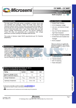 GC4600 datasheet - CONTROL DEVICES High Power PIN Diodes