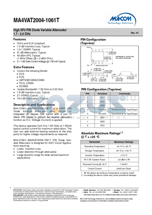 MA4VAT2004-1061T datasheet - High IIP3 PIN Diode Variable Attenuator 1.7 - 2.0 GHz