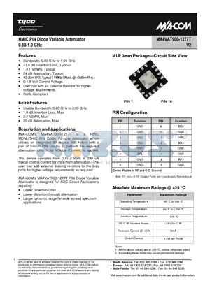 MA4VAT900-1277T datasheet - HMIC PIN Diode Variable Attenuator 0.80-1.0 GHz