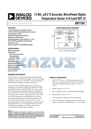 ADT7301ARMZ datasheet - 13-Bit, 0.5C Accurate, MicroPower Digital Temperature Sensor in 6-Lead SOT-23