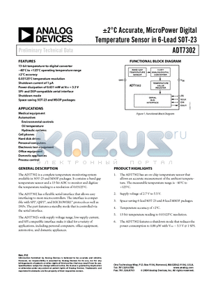 ADT7302ART-500RL7 datasheet - a2`C Accurate, MicroPower Digital Temperature Sensor in 6-Lead SOT-23