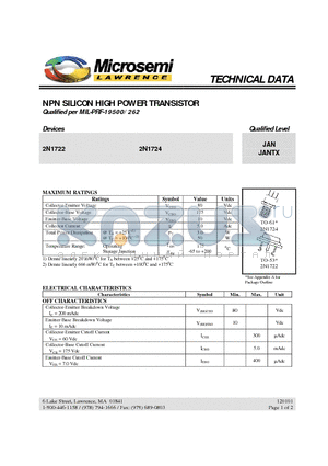 JAN2N1722 datasheet - NPN SILICON HIGH POWER TRANSISTOR