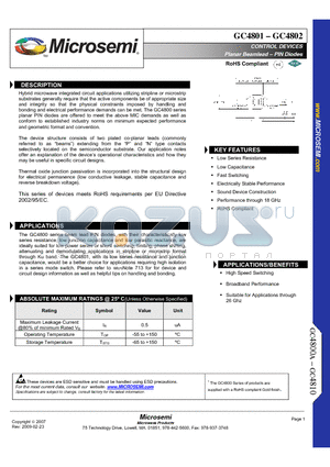 GC4802-14 datasheet - CONTROL DEVICES Planar Beamlead - PIN Diodes