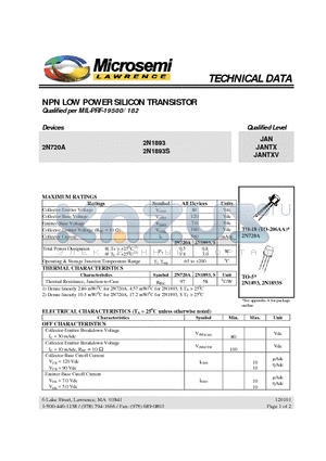 JAN2N1893 datasheet - NPN LOW POWER SILICON TRANSISTOR