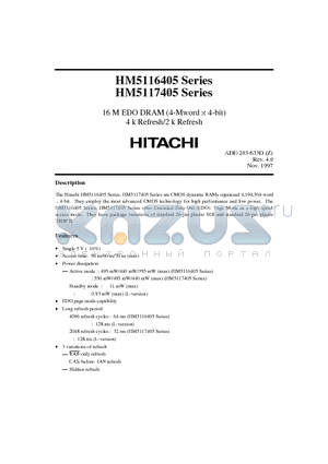 HM5116405S-5 datasheet - 16M EDO DRAM (4-MWORD X 4-BIT) 4K REFRESH / 2K REFRESH