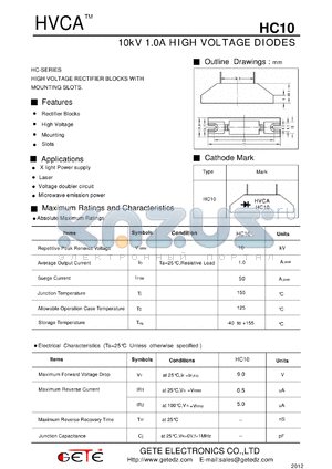 HC10 datasheet - 10kV 1.0A HIGH VOLTAGE DIODES