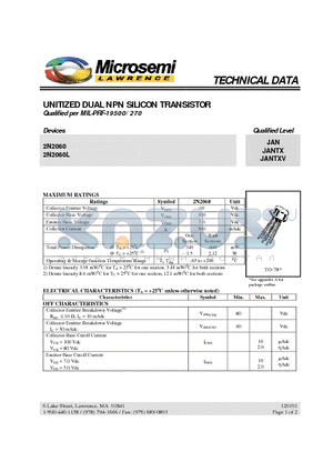 JAN2N2060 datasheet - UNITIZED DUAL NPN SILICON TRANSISTOR