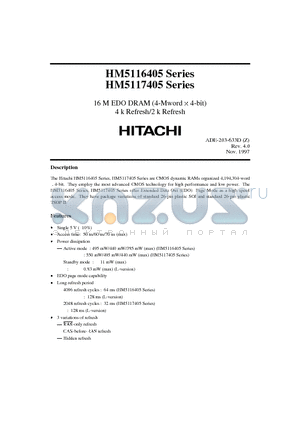 HM5116405S-6 datasheet - 16M EDO DRAM (4-MWORD X 4-BIT) 4K REFRESH / 2K REFRESH