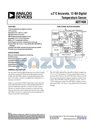 ADT7408CCPZ-REEL7 datasheet - -2 C Accurate, 12-Bit Digital Temperature Sensor