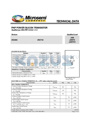 JAN2N2880 datasheet - PNP POWER SILICON TRANSISTOR