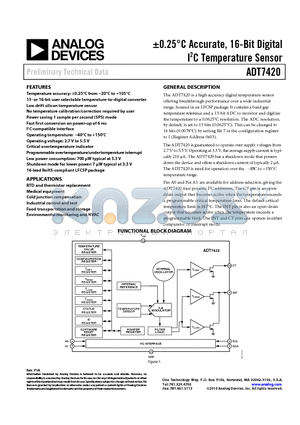 ADT7420UCPZ-RL7 datasheet - a0.25`C Accurate, 16-Bit Digital I2C Temperature Sensor