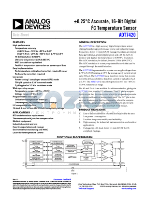 ADT7420UCPZ-RL7 datasheet - a0.25`C Accurate, 16-Bit Digital I2C Temperature Sensor