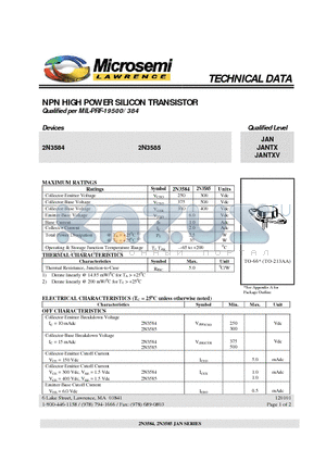 JAN2N3584 datasheet - NPN HIGH POWER SILICON TRANSISTOR