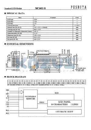 MC1602-18 datasheet - Standard LCD Module