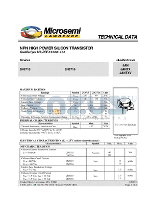 JAN2N3716 datasheet - NPN HIGH POWER SILICON TRANSISTOR