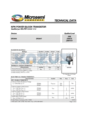 JAN2N3846 datasheet - NPN POWER SILICON TRANSISTOR