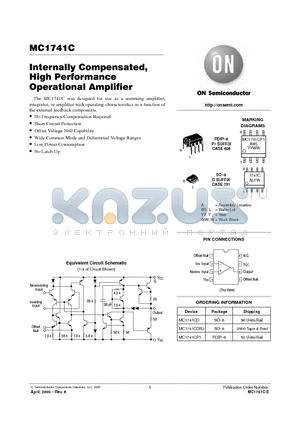 MC1741CP1 datasheet - Internally Compensated,  High Performance Operational Amplifier