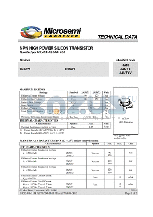 JAN2N5672 datasheet - NPN HIGH POWER SILICON TRANSISTOR