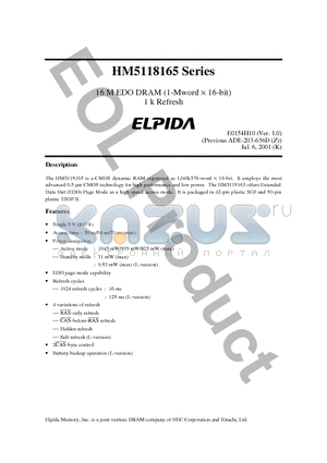 HM5118165LTT-7 datasheet - 16 M EDO DRAM (1-Mword x 16-bit) 1 k Refresh