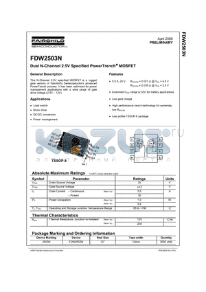 FDW2503 datasheet - Dual N-Channel 2.5V Specified PowerTrench MOSFET