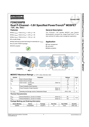 FDW2508PB datasheet - FDW2508PB Dual P-Channel -1.8V Specified PowerTrench MOSFET -12V, -6A, 18mohm