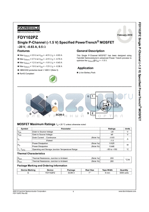 FDY102PZ datasheet - Single P-Channel (1.5 V) Specified PowerTrench^ MOSFET 20 V, 0.83 A, 0.5 