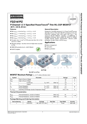 FDZ197PZ datasheet - P-Channel 1.5 V Specified PowerTrench^ Thin WL-CSP MOSFET -20 V, -3.8 A, 64 mY