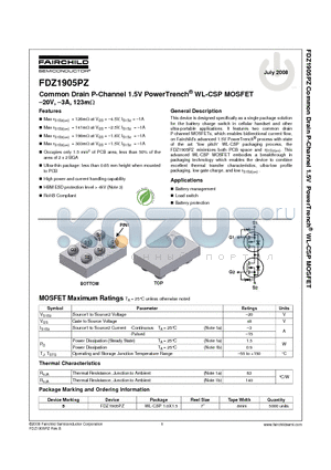 FDZ1905PZ datasheet - Common Drain P-Channel 1.5V PowerTrench^ WL-CSP MOSFET -20V -3A, 123mY