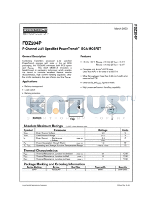 FDZ204P datasheet - P-Channel 2.5V Specified PowerTrench