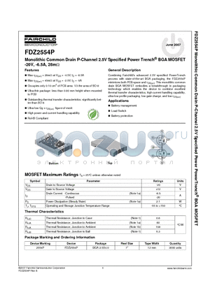 FDZ2554P datasheet - Monolithic Common Drain P-Channel 2.5V Specified PowerTrench BGA MOSFET