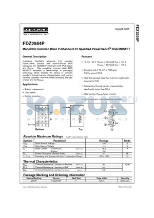 FDZ2554P datasheet - Monolithic Common Drain P-Channel 2.5V Specified PowerTrench