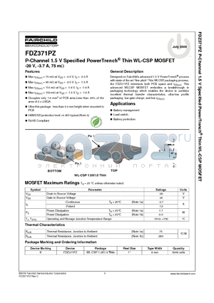 FDZ371PZ datasheet - P-Channel 1.5 V Specified PowerTrench^ Thin WL-CSP MOSFET -20 V, -3.7 A, 75 mY