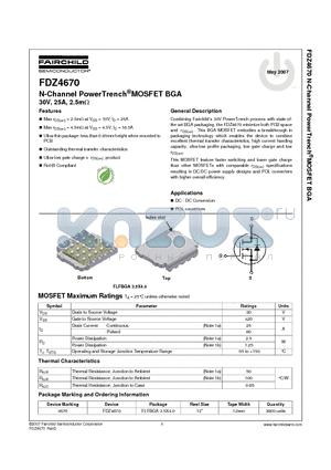 FDZ4670 datasheet - N-Channel PowerTrench^MOSFET BGA 30V, 25A, 2.5mY