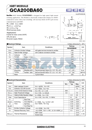 GCA200BA60 datasheet - IGBT MODULE(designed for high speed, high current switching applications)