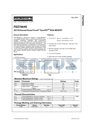 FDZ7064S datasheet - 30V N-Channel PowerTrench SyncFET BGA MOSFET