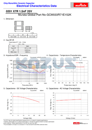 GCM033R71E152K datasheet - Chip Monolithic Ceramic Capacitor 0201 X7R 1.5nF 25V