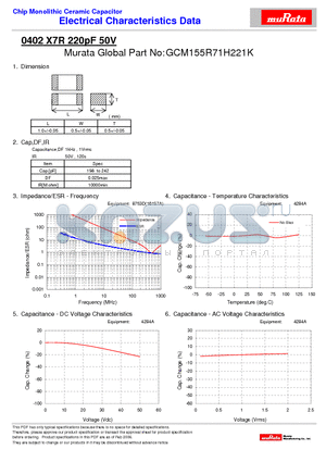 GCM155R71H221K datasheet - Chip Monolithic Ceramic Capacitor 0402 X7R 220pF 50V