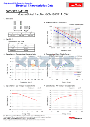 GCM188C71A105K datasheet - Chip Monolithic Ceramic Capacitor 0603 X7S 1lF 10V