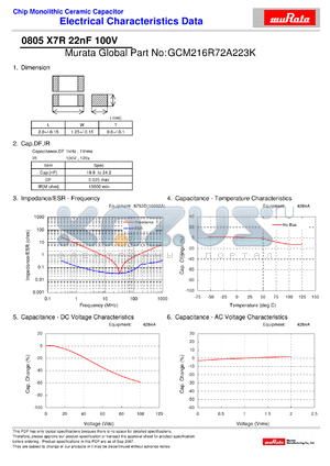 GCM216R72A223K datasheet - Chip Monolithic Ceramic Capacitor 0805 X7R 22nF 100V