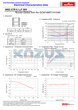 GCM188R71H104K datasheet - Chip Monolithic Ceramic Capacitor 0603 X7R 0.1lF 50V