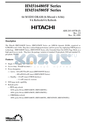 HM5164805FJ-5 datasheet - 64 MEDO DRAM (8-Mword X 8-bit) 8 k Refresh/4 k Refresh