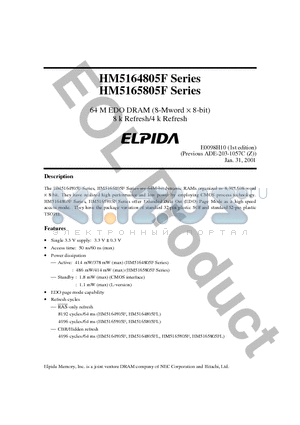 HM5164805FLJ-5 datasheet - 64 M EDO DRAM (8-Mword  8-bit) 8 k Refresh/4 k Refresh