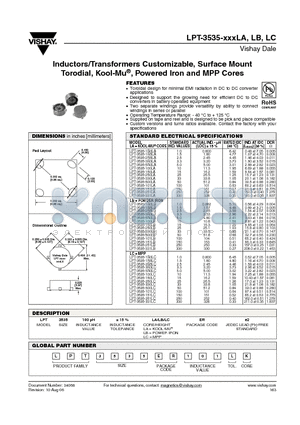 LPT-3535-250LA datasheet - Inductors/Transformers Customizable, Surface Mount Torodial, Kool-Mu, Powered Iron and MPP Cores