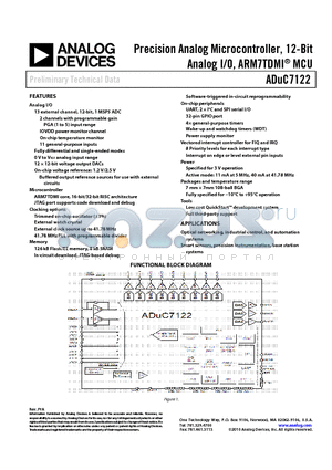 ADUC7122 datasheet - Precision Analog Microcontroller, 12-Bit Analog I/O, ARM7TDMI^ MCU