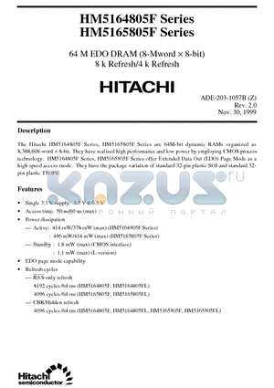 HM5165805FLTT-5 datasheet - 64 MEDO DRAM (8-Mword X 8-bit) 8 k Refresh/4 k Refresh