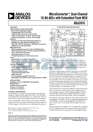 ADUC816 datasheet - MicroConverter-R, Dual-Channel 16-Bit ADCs with Embedded Flash MCU