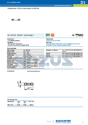 7010.3620 datasheet - Miniature Fuse, 5 x 20 mm, Quick-Acting F, NF, 220 VAC