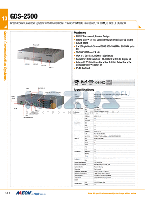 GCS-2500 datasheet - Green Communication System with Intel Core i7/i5 rPGA988 Processor, 17 COM, 6 GbE, 8 USB2.0