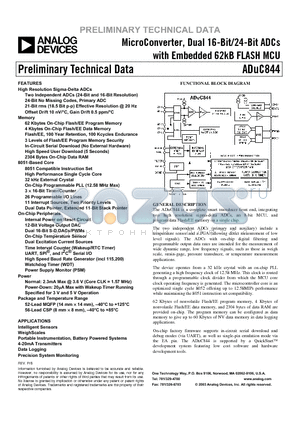 ADUC844BCP62-5 datasheet - MicroConverter, Dual 16-Bit/24-Bit ADCs with Embedded 62kB FLASH MCU