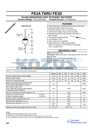 FE3A datasheet - GLASS PASSIVATED FAST EFFICIENT RECTIFIER